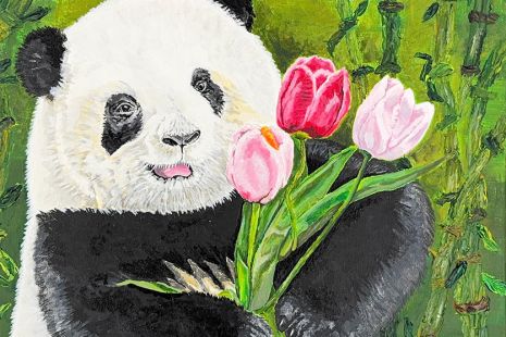 튤립을 안고 있는 판다
